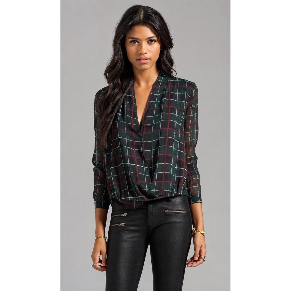 Lovers + Friends Green Red Plaid Surplice Wrap Blouse Sheer V-Neck Small